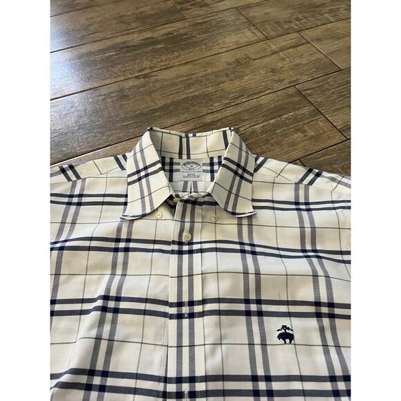Brooks Brother Men's Cream Blue Plaid Print Slim Fit Button Down Shirt Size M - Picture 3 of 4